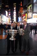 15 November 2012; Donegal's Karl Lacey, with the Sam Maguire Cup, Donal Og Cusack and Kilkenny's Henry Shefflin, with the Liam MacCarthy Cup, in Times Square as they make their way to the Gaelic Players Association Ireland - U.S. Gaelic Heritage Awards & Dinner Gala at the Marriott Marquis New York Westside Ballroom, Broadway, Times Square, New York, USA. Picture credit: Ray McManus / SPORTSFILE