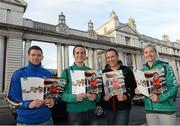 30 November 2012; Athletes, from left, Leinster and Ireland centre Fergus McFadden, Team Ireland boxer Darren O'Neill, Team Ireland sailor Annalise Murphy and Team Ireland modern pentathlete Natalya Coyle today teamed up with the Federation of Irish Sport, which represents all of Ireland’s national sporting organisations, to celebrate the publishing of the Federation’s annual review. The review is a reminder to key influencers of the positive power of sport in Ireland and also to ensure that the development and funding of sport remains a Government priority. This year’s review sets out the potential for sport in Vision 2020 warning that despite Irish sport continuing to shine brightly, decisions today could have a major negative impact in the future setting Irish sport back decades. It also outlines the importance of sports tourism for the future and also the role of sport in tackling obesity problems. Merrion Street, Dublin. Picture credit: Matt Browne / SPORTSFILE