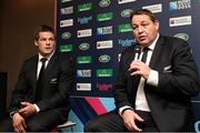 3 December 2012; New Zealand head coach Steve Hansen, right, speaking alongside Richie McCaw during the 2015 Rugby World Cup Pool Allocation Draw. South Bank, London, England. Picture credit: SPORTSFILE