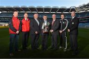 5 December 2012; Leinster GAA Chairman Martin Skelly, centre, with from left, Ballymun Kickhams' trainer Ken Robinson, and player Derek Byrne, John Greene, Leinster PRO, Neil Hosty, AIB, Portlaoise captain Brian Mulligan and Club Treasurer John Hanniffy in attendance at an AIB Leinster GAA Club Championship Finals photocall. Croke Park, Dublin. Picture credit: Brian Lawless / SPORTSFILE