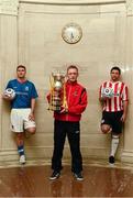 6 December 2012; Peter Thompson, Linfield, left, Stephen McBride, Crusaders, centre, holding the Setanta Sports Cup, and Rory Patterson, Derry City, in attendance at the Setanta Sports Cup 2013 launch and first round draw. Parliament Buildings, Stormont, Belfast, Co. Antrim. Picture credit: Oliver McVeigh / SPORTSFILE