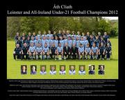 13 May 2012; The Dublin U21 squad. Back Row, left to right: Dan Moore (Conditioning Coach), David Boylan (Logistics), Robbie Boylan (Logistics), Ciarán Boylan (Logistics), Fionn Carney, Michael Gibbs, Conor Walsh, Ryan O’Flaherty, John Brian Carthy,  David Downey, Paddy O’Higgins, Eoin Keogh, Paul Mannion, Alan Carr, Chris Farrell (Cameraman), James Brogan (Analyst), Ray Boyne (Analyst), Tony Boylan (Logistics).      Middle Row, left to right: Sami Dowling (Conditioning Coach), Killian Reardon (Conditioning Coach), Niall Barry (Physiotherapist), Gary Sweeney, Ciarán Kilkenny, Harry Dawson, Emmett Ó Conghaile, Danny Byrne,  Graham Hannigan, John Kelly, Adam Caffrey, David Shatwell, Luke Fletcher, Michael Concarr, Paul Maguire, Paul Hudson, Jack McCaffrey, Páraic Kearney (Statistics),  Davy Byrne (Goalkeeping Coach), Seaghan Kearney (Statistics), Billy Passmore (Masseur).        Front Row, left to right: Frankie Roebuck (Analyst), Michael Kennedy (Selector), Ciarán Reddin, Gerry Seaver, Philly Ryan, Jim Gavin (Manager), Kevin O’Brien (Team Captain), Andy Kettle (Chairman, Dublin County Board),  Jim Roche (Match Secretary), Jack Smith, Neil O’Flynn, Mark Schutte, Shane O’Hanlon (Selector), Jim Brogan (Selector).       Insets, left to right: Criona Tobin (Nutritionist), Dr Will Duggan (Team Doctor), Seán George, Ben Quinn, Ciarán McHugh, Alex Quinn, John Small, Declan Monaghan (Physiotherapist), Kieran O’Reilly (Physiotherapist). Trinity College Sports Grounds, Santry Avenue, Santry, Dublin. Picture credit: Ray McManus / SPORTSFILE