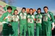 9 December 2012; The Ireland Senior Women's team, from left, Sara Treacy, Fionnuala Britton, Sarah McCormack, Linda Byrne, Ava Hutchinson and Lizzie Lee who won gold in the European Senior Women's Cross Country Championships event. SPAR European Cross Country Championships, Szentendre, Budapest, Hungary. Picture credit: Barry Cregg / SPORTSFILE