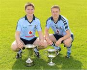 13 May 2012; Dublin Under-21 footballers Alan Carrr and Paul Mannion pictured with the Leinster and All-Ireland Under-21 Cups. Trinity College Sports Grounds, Santry Avenue, Santry, Dublin. Picture credit: Ray McManus / SPORTSFILE
