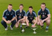 13 May 2012; Dublin Under-21 footballers Ryan O'Flaherty, John Brian Carthy and David Downey, with Davy Byrne pictured with the Leinster and All-Ireland Under-21 Cups. Trinity College Sports Grounds, Santry Avenue, Santry, Dublin. Picture credit: Ray McManus / SPORTSFILE