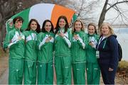 10 December 2012; The Ireland Senior Women's team from left, Sara Treacy, Linda Byrne, Ava Hutchinson, Sarah McCormack, Lizzie Lee, Fionnuala Britton and team manager Teresa McDaid relax after winning Gold in the Senior Women's race at the SPAR European Cross Country Championships.  Danubius Hotel, Margaret Island, Budapest, Hungary. Picture credit: Barry Cregg / SPORTSFILE