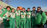 9 December 2012; The Ireland Senior Women's team from left, Sara Treacy, Fionnuala Britton, Sarah McCormack, Linda Byrne, Ava Hutchinson, Lizzie Lee and team manager Teresa McDaid, who won Gold in the European Women's Cross Country Championships event. SPAR European Cross Country Championships, Szentendre, Budapest, Hungary. Picture credit: Barry Cregg / SPORTSFILE