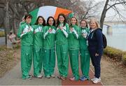 10 December 2012; The Ireland Senior Women's team, from left, Sara Treacy, Linda Byrne, Ava Hutchinson, Sarah McCormack, Lizzie Lee, Fionnuala Britton and team manager Teresa McDaid relax after winning Gold in the Senior Women's race at the SPAR European Cross Country Championships.  Danubius Hotel, Margaret Island, Budapest, Hungary. Picture credit: Barry Cregg / SPORTSFILE