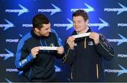 10 December 2012; Leinster's Rob Kearney, left, and Brian O'Driscoll, with the names of their former schools Clongowes Wood College and Blackrock College respectively, in attendance at the launch of the 127th Powerade Leinster Schools Rugby Cup Competitions. Aviva Stadium, Lansdowne Road, Dublin. Picture credit: Stephen McCarthy / SPORTSFILE