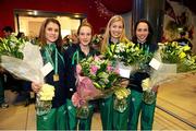 10 December 2012; Team Ireland's, from left to right, Linda Byrne, Fionnuala Britton, Lizzie Lee and Ava Hutchinson who won gold in the European Women's Cross Country Championships Team event at the SPAR European Cross Country Championships, in Budapest, Hungary, pictured on their return at Dublin Airport. Picture credit: David Maher / SPORTSFILE