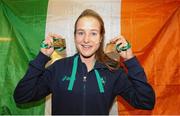 10 December 2012; Team Ireland's Fionnuala Britton who won two gold medals, one in the Senior Women's race and the other as a  member of the overall winning team at the SPAR European Cross Country Championships in Budapest, Hungary, pictured on her return at Dublin Airport. Picture credit: David Maher / SPORTSFILE