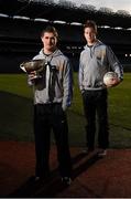 11 December 2012; Longford players J.J Matthews, left, holding the O'Byrne Cup and John Keegan at the launch of the Bord na Mona Leinster GAA Series 2013. Croke Park, Dublin. Picture credit: David Maher / SPORTSFILE