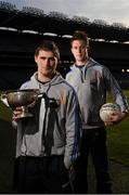11 December 2012; Longford players J.J Matthews, left, holding the O'Byrne Cup and John Keegan at the launch of the Bord na Mona Leinster GAA Series 2013. Croke Park, Dublin. Picture credit: David Maher / SPORTSFILE