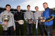 11 December 2012; In attendance at the launch of the Bord na Mona Leinster GAA Series 2013 are, from left, J.J. Matthews, Longford, John Doyle, Kildare, John Keegan, Longford, Jim McEneaney, Louth, and Paul Flynn, DCU, with the O'Byrne Cup, Walsh Cup and Kehoe Cup. Croke Park, Dublin. Picture credit: David Maher / SPORTSFILE