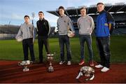 11 December 2012; In attendance at the launch of the Bord na Mona Leinster GAA Series 2013 are, from left, J.J. Matthews, Longford, John Doyle, Kildare, John Keegan, Longford, Jim McEneaney, Louth, and Paul Flynn, DCU, with the O'Byrne Cup, Walsh Cup and Kehoe Cup. Croke Park, Dublin. Picture credit: David Maher / SPORTSFILE
