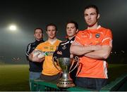 11 December 2012; Ronan Gallagher, Fermanagh, left, with, from left to right, Michael McCann, Antrim, Dermot McBride, Derry, and Brendan Donaghy, Armagh, in attendance at the launch of the Dr. McKenna Cup. Athletic Grounds, Armagh. Picture credit: Oliver McVeigh / SPORTSFILE