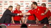 12 December 2012; British and Irish Lions tour manager Andy Irvine, left, shakes hands with assistant coach Andy Farrell, alongside, from left to right, with from left to right, British and Irish Lions head coach Warren Gatland, with assistants Rob Howley and Graham Rowntree during the British & Irish Lions team management announcement for the 2013 tour. Hopetoun House, South Queensferry Edinburgh, Scotland.Picture credit: Jeff Holmes / SPORTSFILE