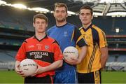 12 December 2012; In attendance at Croke Park where the draws for the 2013 Irish Daily Mail Higher Education GAA Championships were made, from left, Tomás Corrigan, Trinity College, Aidan O'Shea, DIT, and Fiontán Ó Curraoin, DCU. The draws are available on www.he.gaa.ie. Croke Park, Dublin. Picture credit: Brendan Moran / SPORTSFILE