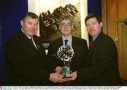3 March 2003; Val Andrews, Ballymun Kickhams, who was presented with the a Coaching and Games Development Award at the AIB GAA Provincial Player Award by Billy Finn, Managing Director, Ark Life, right, and GAA President Sean McCague at a lunch in his honour in the AIB Bankcentre, Ballsbridge, Dublin. Football. Picture credit; Ray McManus / SPORTSFILE