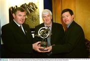 3 March 2003; Francie Casey, Armagh, who was presented with the a Coaching and Games Development Award at the AIB GAA Provincial Player Awards by Billy Finn, Managing Director, Ark Life, right, and GAA President Sean McCague at a lunch in his honour in the AIB Bankcentre, Ballsbridge, Dublin. Hurling. Picture credit; Ray McManus / SPORTSFILE
