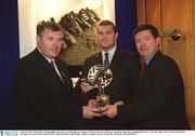 3 March 2003; Niall Kelly, Dunshaughlin, who was presented with the Leinster AIB GAA Provincial Player Award by Billy Finn, Managing Director, Ark Life, right, and GAA President Sean McCague at a lunch in his honour in the AIB Bankcentre, Ballsbridge, Dublin. Football. Picture credit; Ray McManus / SPORTSFILE