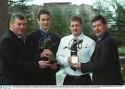 3 March 2003; Rory Hanniffy, Birr, and Gregory O'Kane, Dunloy,  who was presented with the Leinster and Ulster AIB GAA Provincial Player Awards by Billy Finn, Managing Director, Ark Life, right, and GAA President Sean McCague at a lunch in their honour in the AIB Bankcentre, Ballsbridge, Dublin. Hurling. Picture credit; Ray McManus / SPORTSFILE