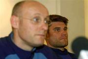 6 March 2003; French captain Fabien Pelous watches on while team coach Bernard Laporte, left, answers questions during the French rugby team's press conference in the Merrion Hotel, Dublin. Picture credit; Pat Murphy / SPORTSFILE *EDI*