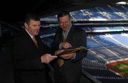 12 March 2003; Ard Stiœrth—ir of the GAA Liam Mulvihill, right, and GAA president Sean McCague, pictured at a press briefing  to announce the release of the GAA annual report . Croke Park, Dublin. Picture credit; David Maher / SPORTSFILE *EDI*