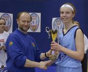 20 March 2003; Castletroy College captain Rachel Clancy is presented with the cup by Paul Ryan, President of the Schools Basketball Association of Ireland. TREBOR 24-7 All Ireland Schools Basketball Cadette &quot;C&quot; Final, Castletroy College, Limerick v Dominican Taylor's Hill, Galway, ESB Arena, Tallaght, Dublin. Picture credit; Brendan Moran / SPORTSFILE *EDI*