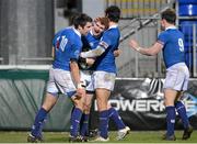 14 December 2012; Conor Hogan, St. Mary's College, is congratulated by team-mates Philip Brophy, left, and Stephen Toal-Lennon, after scoring his side's third try. Leinster Senior League Cup Final, St. Mary's College v Lansdowne, Donnybrook Stadium, Donnybrook, Dublin. Photo by Sportsfile