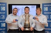 15 December 2012; Leinster players, from left, Aaron Dundon, Jack McGrath and Fionn Carr during the 88th Provincial Towns Cup Draw, sponsored by Cleaning Contractors. Aviva Stadium, Lansdowne Road, Dublin. Picture credit: Stephen McCarthy / SPORTSFILE