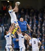 15 December 2012; Jamie Cudmore, ASM Clermont Auvergne, wins possession for his side in a lineout ahead of Damian Browne, Leinster. Heineken Cup 2012/13, Pool 5, Round 4, Leinster v ASM Clermont Auvergne, Aviva Stadium, Lansdowne Road, Dublin. Picture credit: Stephen McCarthy / SPORTSFILE
