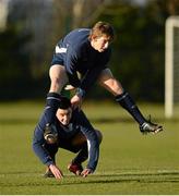 15 December 2012; Stephen Nolan, right, jumps over Gareth Doherty, left, Republic of Ireland, in a drill during squad training. Republic of Ireland U15 Squad Training, AUL Complex, Clonshaugh, Dublin. Picture credit: Barry Cregg / SPORTSFILE