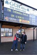 16 December 2012; Tir Conall Gaels manager Paddy Carr is greeted by Beano Collins, from Michael Cusacks GAA Club, Clare, ahead of the game. AIB GAA Football All-Ireland Senior Club Championship, Quarter-Final, Tir Conall Gaels v Dr. Crokes, Emerald Park, Ruislip, London, England. Picture credit: Stephen McCarthy / SPORTSFILE