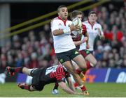 16 December 2012; Simon Zebo, Munster, is tackled by Schalk Brits, Saracens. Heineken Cup 2012/13, Pool 1, Round 4, Saracens v Munster, Vicarage Road, Watford, Hertfordshire, England. Picture credit: Matt Impey / SPORTSFILE