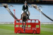 17 December 2012; As part of Horse Sport Ireland's 2012 achievement awards Olympic Bronze medallist Cian O'Connor, on the pitch at Croke Park, jumped a replica of one of the Olympic fences that helped him and his horse Blue Loyd bring home the medal to Ireland. Horse Sport Ireland Awards 2012, Croke Park, Dublin. Picture credit: Stephen McCarthy / SPORTSFILE