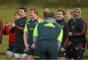 18 December 2012; Munster players, from left, BJ Botha, Paddy Butler, Stephen Archer, JJ Hanrahan, John Ryan and Simon Zebo share a joke during squad training ahead of their Celtic League 2012/13 game against Connacht on Saturday. University of Limerick, Limerick. Picture credit: Diarmuid Greene / SPORTSFILE