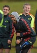 18 December 2012; Munster players, from left, JJ Hanrahan, Simon Zebo and John Ryan share a joke during squad training ahead of their Celtic League 2012/13 game against Connacht on Saturday. University of Limerick, Limerick. Picture credit: Diarmuid Greene / SPORTSFILE