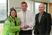 18 December 2012; Rhys Gorman, Shamrock Rovers, is presented with his Airtricity Under 19 League Player of the Month for November award by Airtricity's Gillian Saunders and Republic of Ireland Under 19 manager Paul Doolin. FAI Headquarters, Abbotstown, Dublin. Photo by Sportsfile