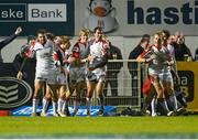 21 December 2012; Andrew Trimble, Ulster, third from left, is congratulated by team-mates after scoring his side's third try. Celtic League 2012/13, Round 11, Ulster v Leinster, Ravenhill Park, Belfast, Co. Antrim. Photo by Sportsfile