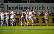 21 December 2012; Andrew Trimble, Ulster, second from right, is congratulated by team-mates after scoring his side's third try. Celtic League 2012/13, Round 11, Ulster v Leinster, Ravenhill Park, Belfast, Co. Antrim. Photo by Sportsfile