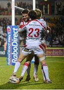 21 December 2012; Andrew Trimble, Ulster, is congratulated by team-mates Jared Payne, left, and Adam D'Arcy, 23,m after scoring his side's third try. Celtic League 2012/13, Round 11, Ulster v Leinster, Ravenhill Park, Belfast, Co. Antrim. Picture credit: Oliver McVeigh / SPORTSFILE
