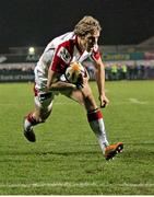 21 December 2012; Andrew Trimble, Ulster, on his way to score his side's third try. Celtic League 2012/13, Round 11, Ulster v Leinster, Ravenhill Park, Belfast, Co. Antrim. Picture credit: John Dickson / SPORTSFILE