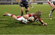 21 December 2012; Andrew Trimble, Ulster, dives over to score his side's third try. Celtic League 2012/13, Round 11, Ulster v Leinster, Ravenhill Park, Belfast, Co. Antrim. Picture credit: John Dickson / SPORTSFILE