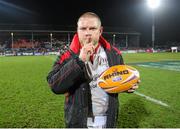 21 December 2012; Tom Court, Ulster, celebrates after receiving the man of the match award. Celtic League 2012/13, Round 11, Ulster v Leinster, Ravenhill Park, Belfast, Co. Antrim. Picture credit: Oliver McVeigh / SPORTSFILE