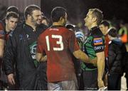22 December 2012; Munster's Casey Laulala in conversation with Connacht's Dan Parks and Nathan White, left, after the game. Celtic League 2012/13, Round 11, Connacht v Munster, Sportsground, Galway. Picture credit: Diarmuid Greene / SPORTSFILE