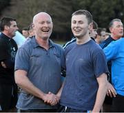25 December 2012; Jack McCaffrey, a member of the Dublin Leinster and All-Ireland Under-21 Championship winning team, with his dad and former Dublin star Noel after compecting in the Raheny Shamrock A.C. Christmas Morning Dash Christmas Day 2012, St Annes Park, Raheny,  Dublin. Picture credit: Ray McManus / SPORTSFILE