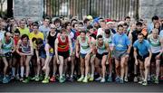 25 December 2012; The eventual winner Daire Berminghan, 4th from right, and compeditors amongst the almost 750 who competed await the start of the Raheny Shamrock A.C. Christmas Morning Dash, GOAL Mile Christmas Day 2012, St Annes Park, Raheny,  Dublin. Picture credit: Ray McManus / SPORTSFILE