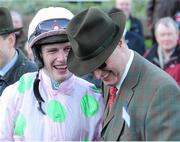 26 December 2012; Jockey Paul Townend and Owner Rich Ricci in jovial mood after Arvika Ligeonniere won the Racing Post Novice Steeplechase. Leopardstown Christmas Racing Festival 2012, Leopardstown Racetrack, Leopardstown, Co. Dublin. Picture credit: Pat Murphy / SPORTSFILE
