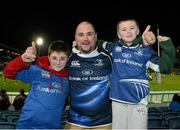 29 December 2012; Leinster supporters Jake, Graham and Matthew Kelly, from Malahide, Co. Dublin, at the game. Celtic League 2012/13, Round 12, Leinster v Connacht, RDS, Ballsbridge, Dublin. Picture credit: Matt Browne / SPORTSFILE